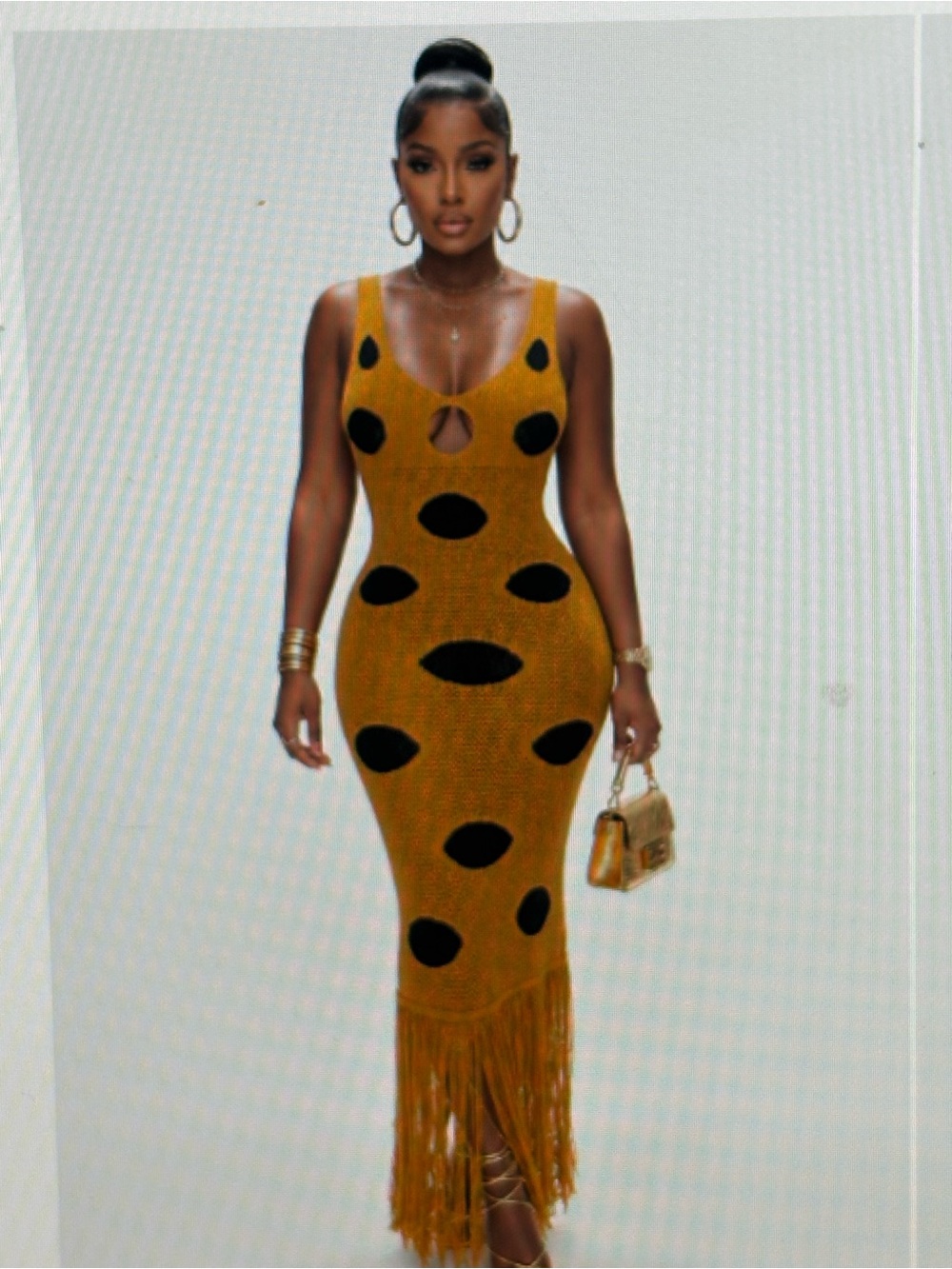 Sexy Polka Dot Knit Bodycon Fringe Maxi Dress